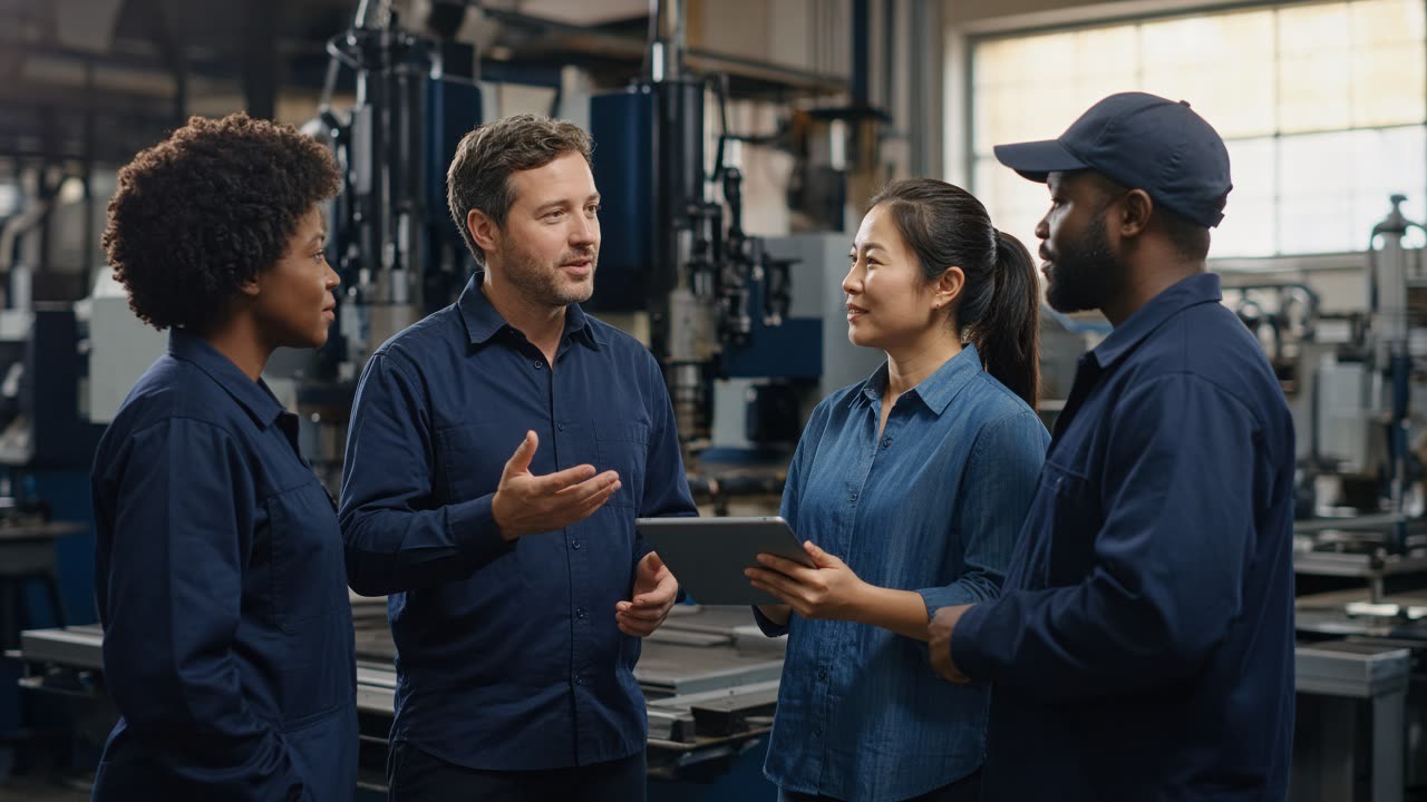 A business owner talking with employees on a workshop floor