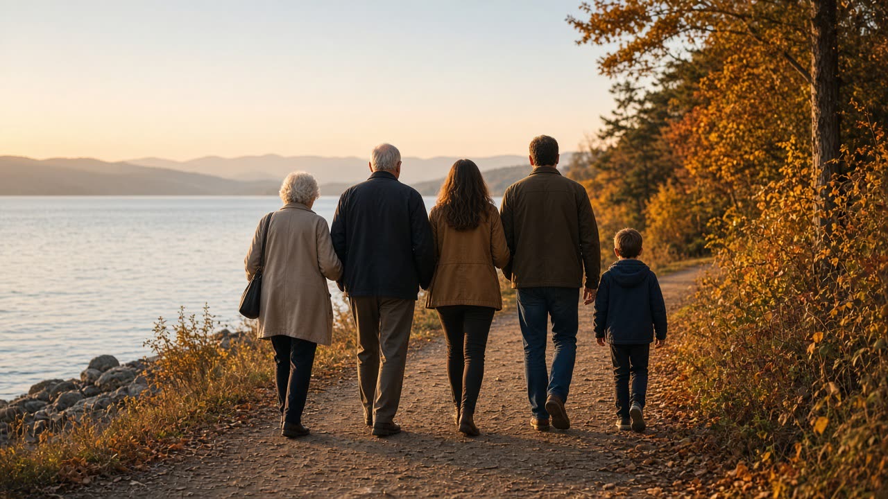 Three generations of a family walking together along a lakeside path in autumn