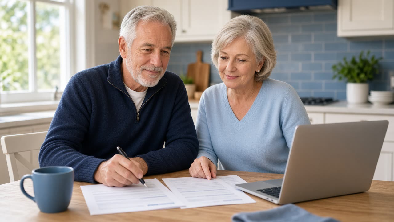 An older couple reviewing paperwork and a laptop together at their kitchen table
