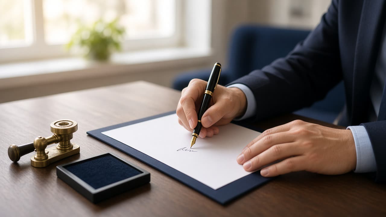 A person signing a document on a desk beside a notary embosser