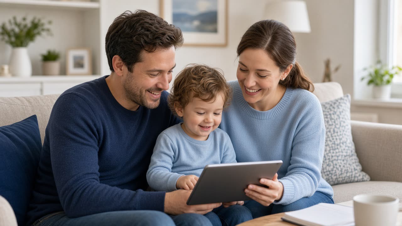 Young parents and their toddler looking at a tablet together on the sofa